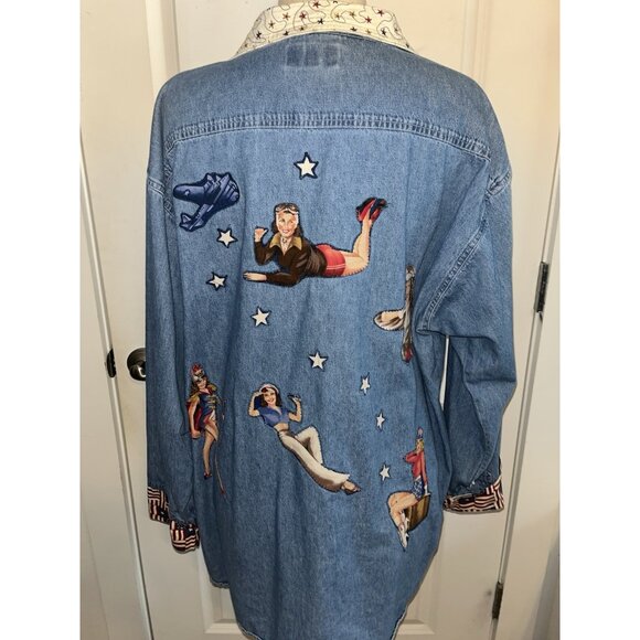 Womens Embellished Denim Blue Jean XL Top Quilt Pin Up Girl Quilter USA Patriot - Picture 10 of 16